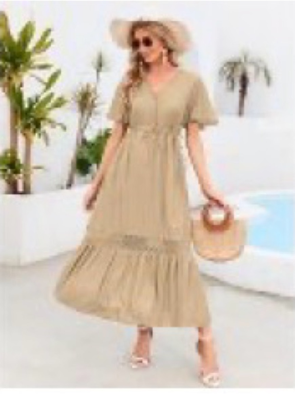 NWT WWomen’s Beige V-Neck Tiered Midi Dress